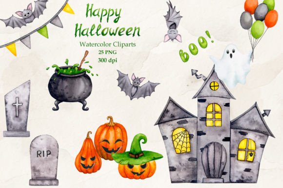 Watercolor Halloween Clipart: Hand-Painted Digital Assets